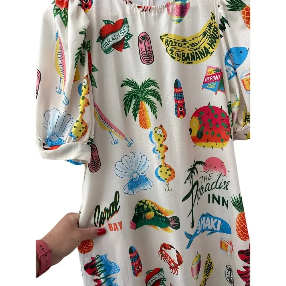 Sunday Up Paradise Printed Puff Sleeve Midi Dress Beige Multi Size Medium - Picture 5 of 11